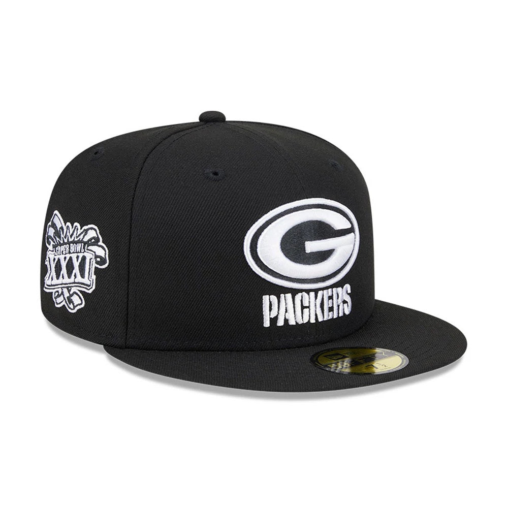 Green Bay Packers NFL Evergreen Black New Era 59FIFTY Fitted Cap, three-quarter view showing the white embroidered front logo and Packers script, with a Super Bowl XXXI patch on the side and a gold 59FIFTY size sticker on the black visor.