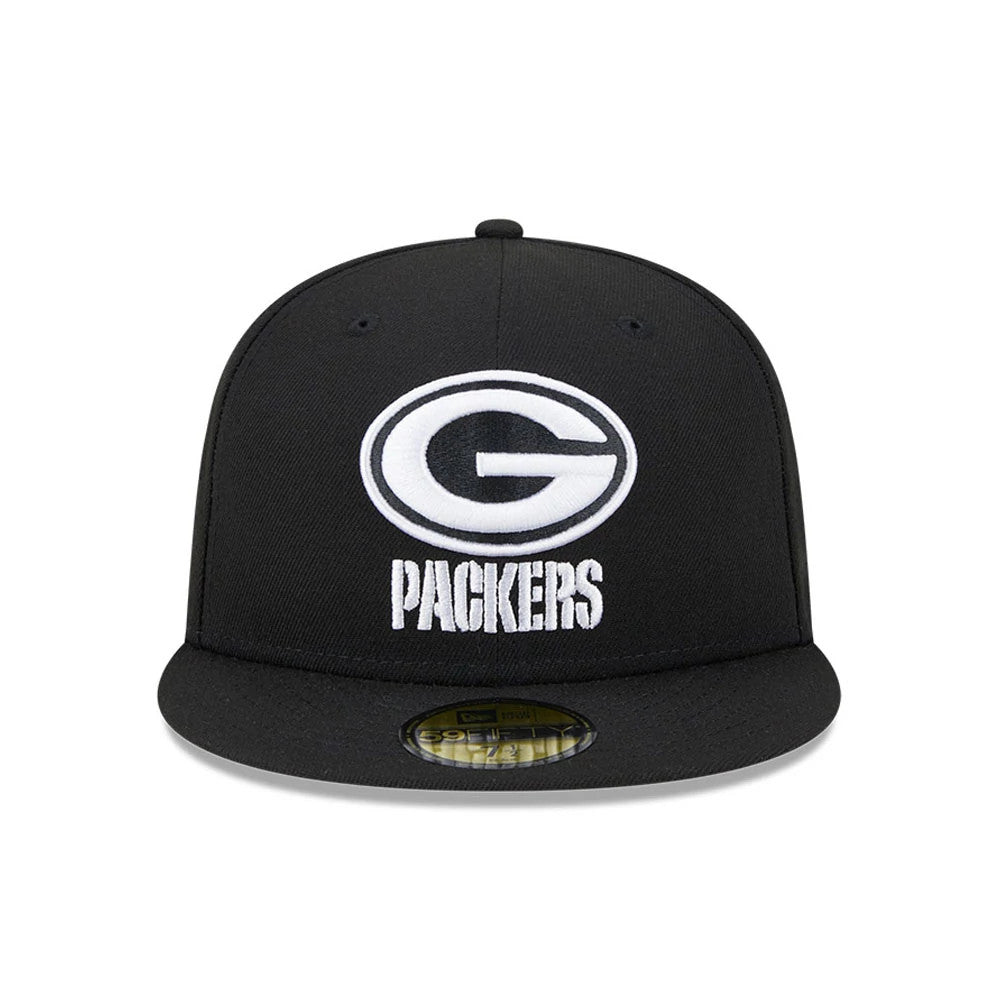 Green Bay Packers NFL Evergreen Black New Era 59FIFTY Fitted Cap, front view showing the white raised embroidered Packers logo on the front panel and a gold 59FIFTY size sticker on the black flat visor.
