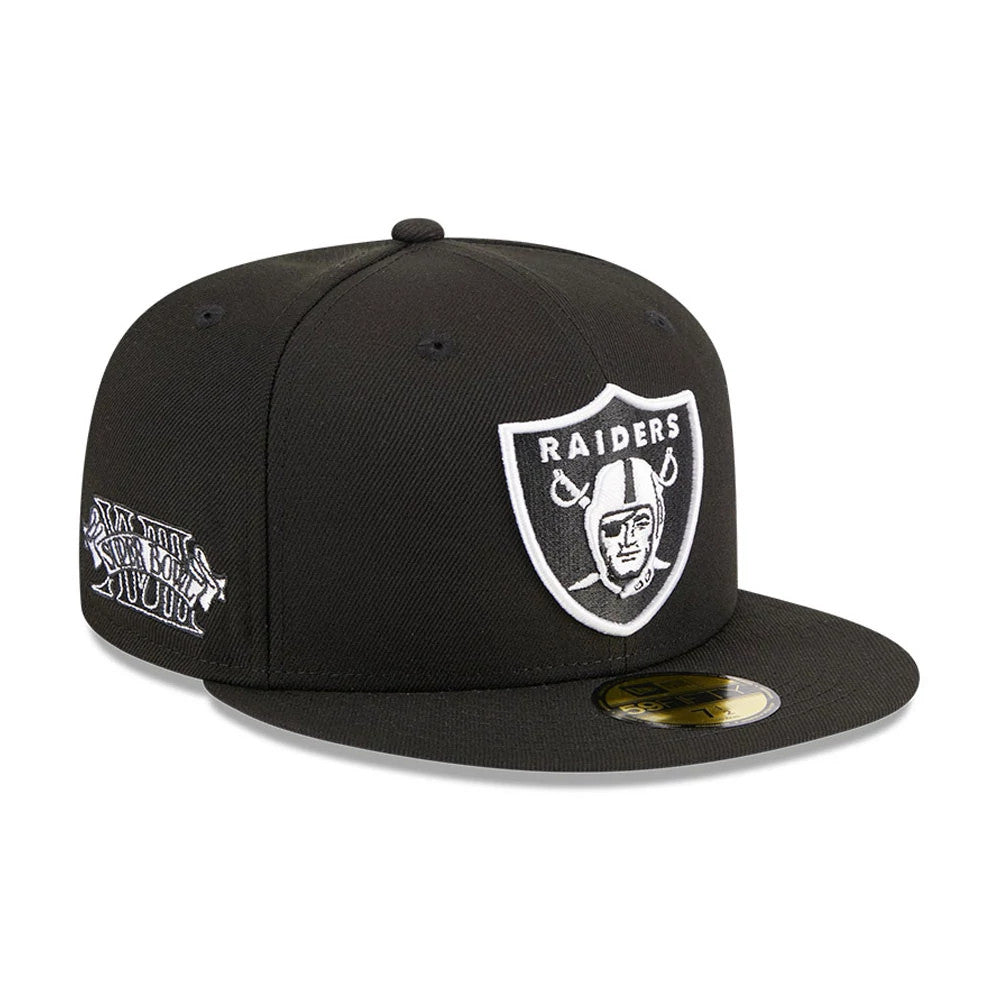 Pictured is this NFL Evergreen Las Vegas Raiders 59FIFTY Fitted cap in black. 1