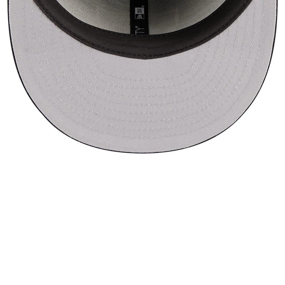 Las Vegas Raiders NFL Evergreen Black New Era 59FIFTY Fitted Cap, inside view showing grey undervisor with black stitching, black sweatband, and vertically placed taping along the crown.
