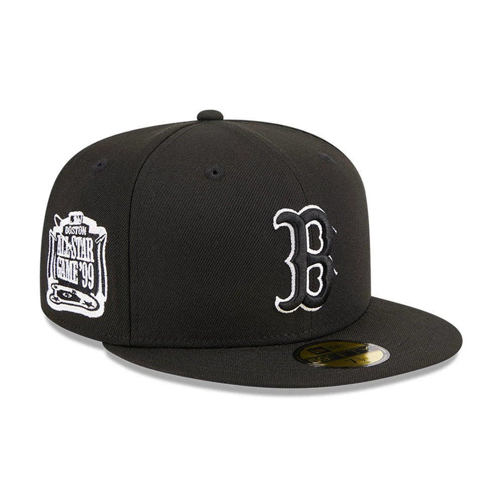 Boston Red Sox MLB Evergreen Black New Era 59FIFTY Fitted Cap, front view with raised white embroidered B logo on the front panel, a side patch commemorating the All-Star Game '99, and a gold 59FIFTY size sticker on the flat black visor.