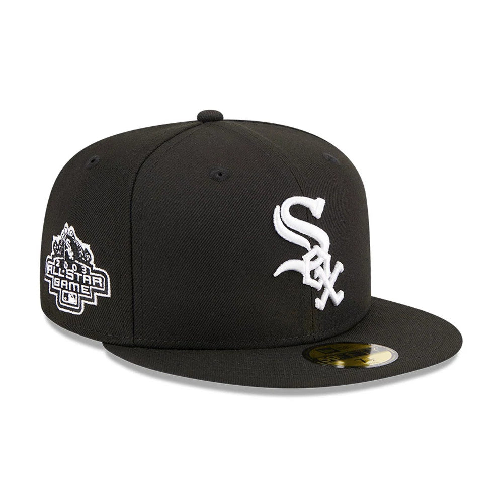 Chicago White Sox MLB Evergreen Black New Era 59FIFTY Fitted Cap, three-quarter view showing the white embroidered front logo, the 2023 All-Star Game patch on the right side, and the gold 59FIFTY size sticker on the flat visor.