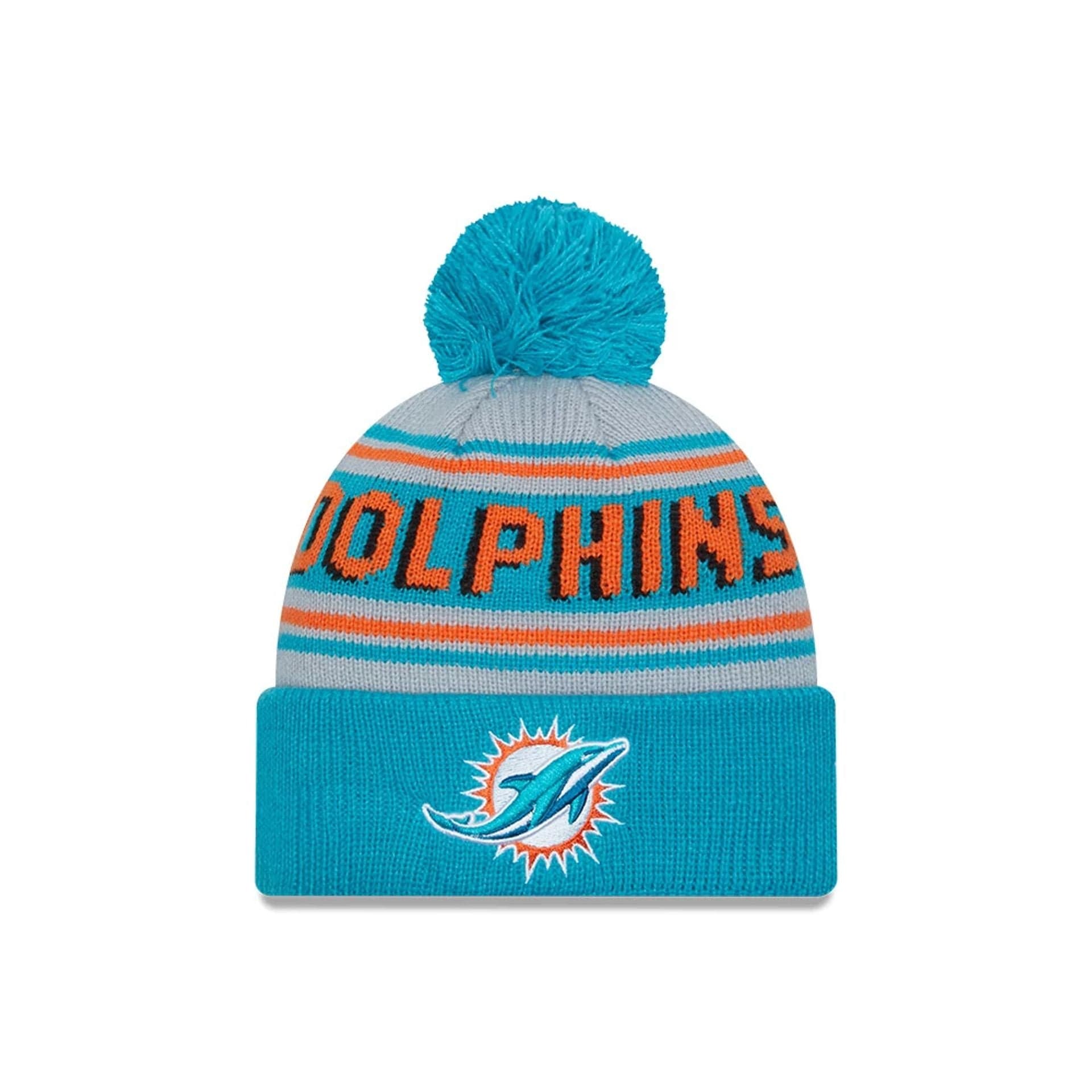 This is a Miami Dolphins NFL Pom Wordmark Turquoise Bobble Knit Beanie Hat 1
