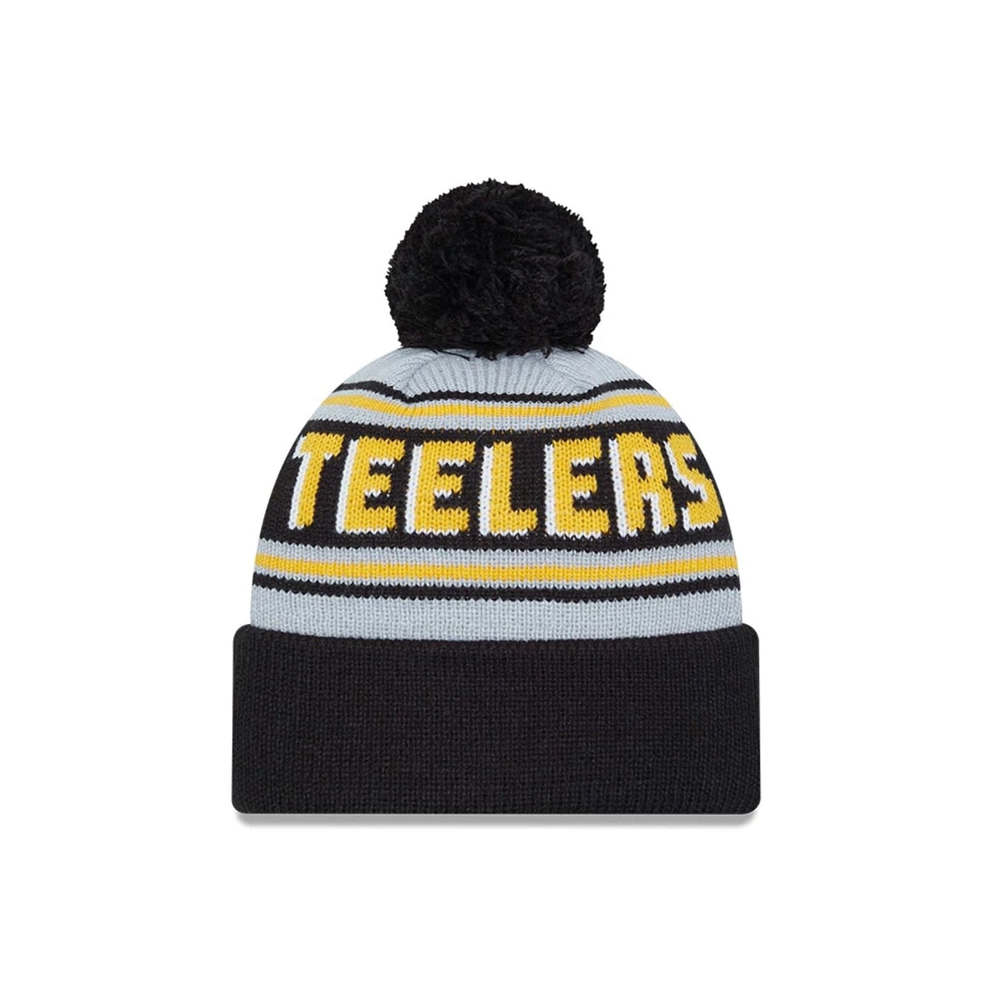 This is a Pittsburgh Steelers NFL Pom Wordmark Black Bobble Knit Beanie Hat 2