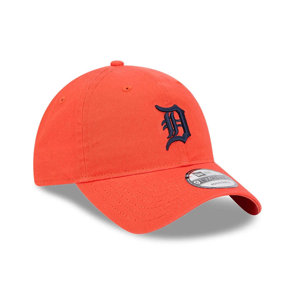 Detroit Tigers MLB Evergreen Orange New Era 9TWENTY Adjustable Cap, front view showing the navy D logo in raised embroidery on the front panel, with a curved visor and 9TWENTY size sticker on the visor.
