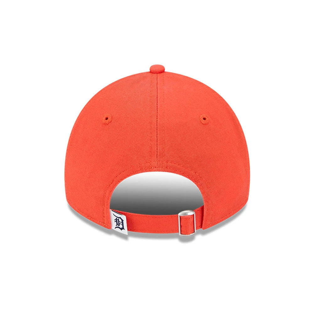 Detroit Tigers MLB Evergreen Orange New Era 9TWENTY Adjustable Cap, rear view showing the embroidered D logo on the white fabric strip near the adjustable strap, complemented by a small top button and orange eyelets on the structured crown.