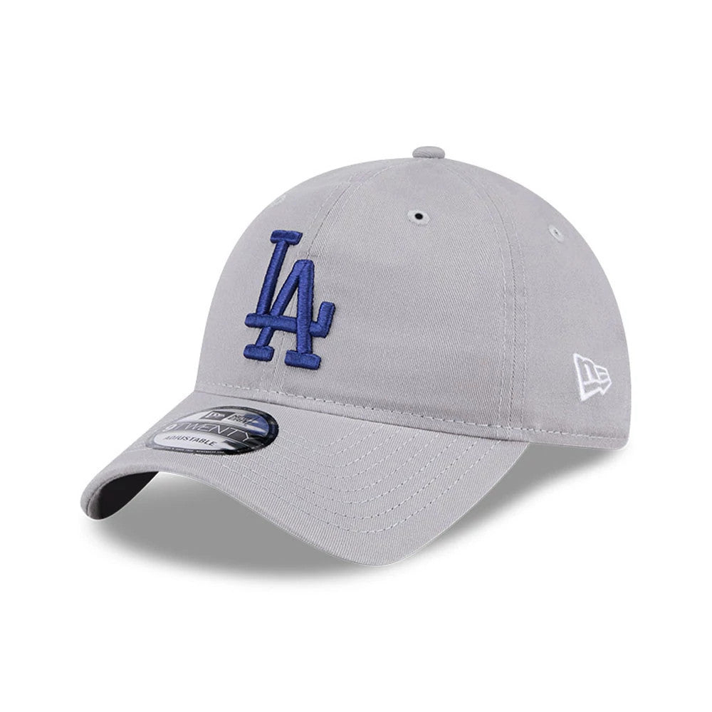 LA Dodgers MLB Evergreen Grey New Era 9TWENTY Adjustable Cap, front view showing blue raised LA logo embroidery on the structured grey crown, with the New Era flag logo on the left side and a 9TWENTY size sticker on the visor.