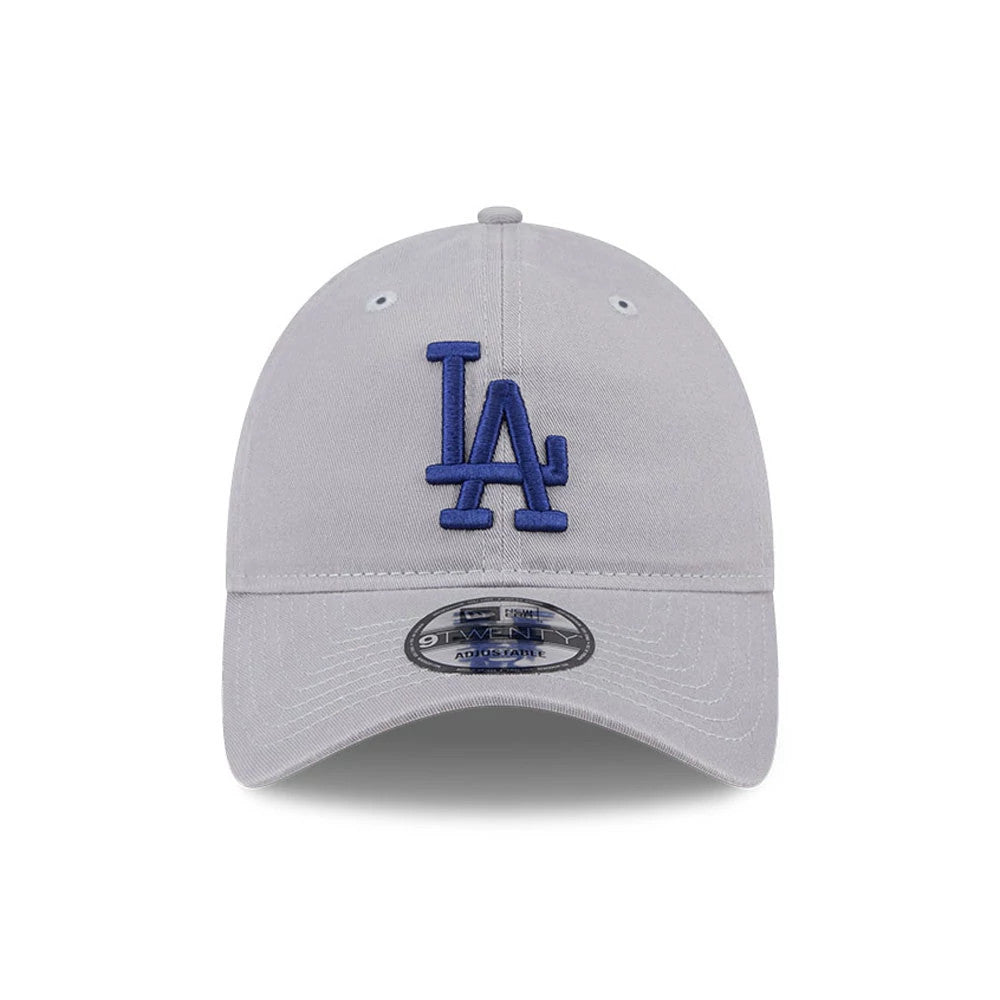 LA Dodgers MLB Evergreen Grey New Era 9TWENTY Adjustable Cap, front view showing a blue raised embroidered LA logo on the centre of the structured grey crown with a curved visor and 9TWENTY size sticker on top.