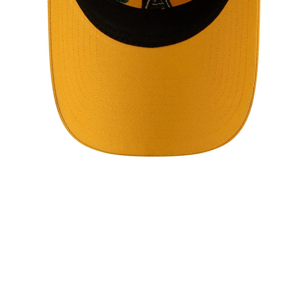 Athletics MLB Evergreen Dark Yellow New Era 9TWENTY Adjustable Cap, inside view showing a black sweatband and yellow undervisor, with green taping and a branded label on the panel seams.