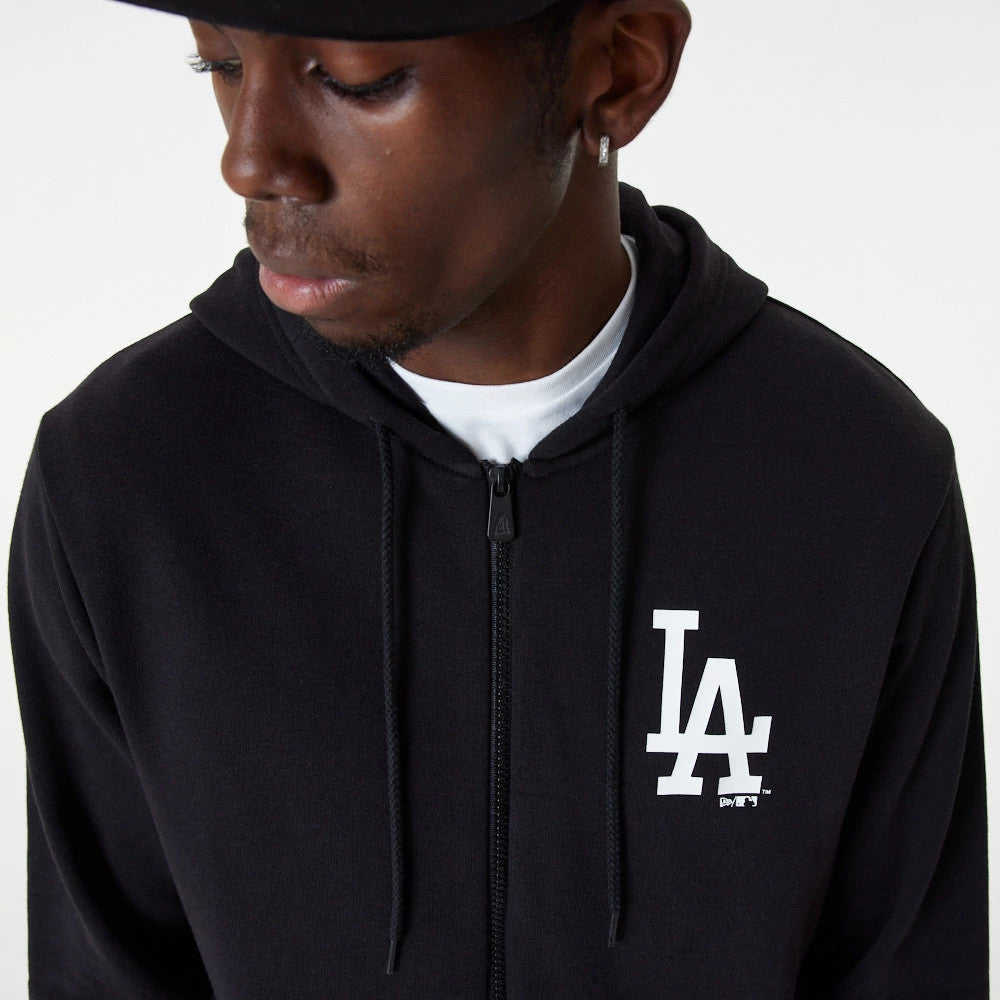 LA Dodgers MLB Essential Black Full Zip Hoodie, front view showing the black hoodie with a white embroidered LA logo on the left chest, full zip closure in the centre, and black drawstrings hanging from the hood.