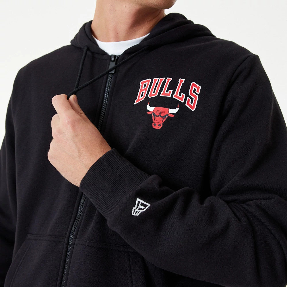 Chicago Bulls NBA Essential Black Full Zip Hoodie, front view showing the zip running up the centre, the BULLS logo printed on the left chest, and an embroidered New Era logo on the left cuff.