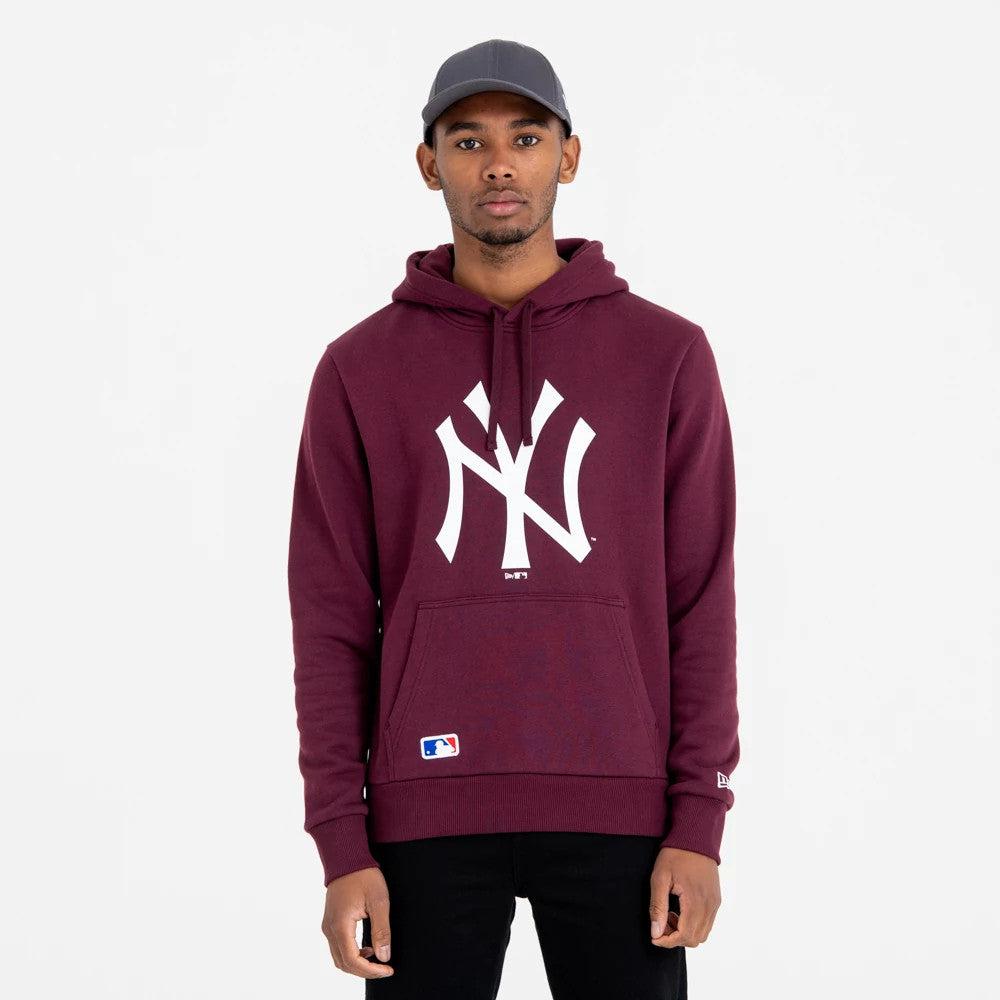 New York Yankees MLB Regular Dark Purple Pullover Hoodie, front view showing a large white Yankees logo centred on the chest, a drawstring hood, and an embroidered MLB logo on the pocket.