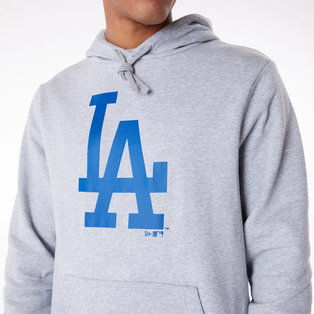 LA Dodgers MLB Regular Grey Pullover Hoodie, front view showing the bold blue "LA" logo printed on the chest, with a drawstring hood and a kangaroo pocket on the light grey fabric.