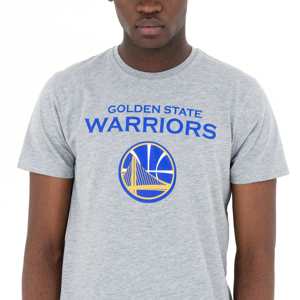Golden State Warriors NBA Regular Grey T-Shirt, front view showing the team name in bold blue letters and the large team logo in blue and gold centred on the chest of the grey fabric.