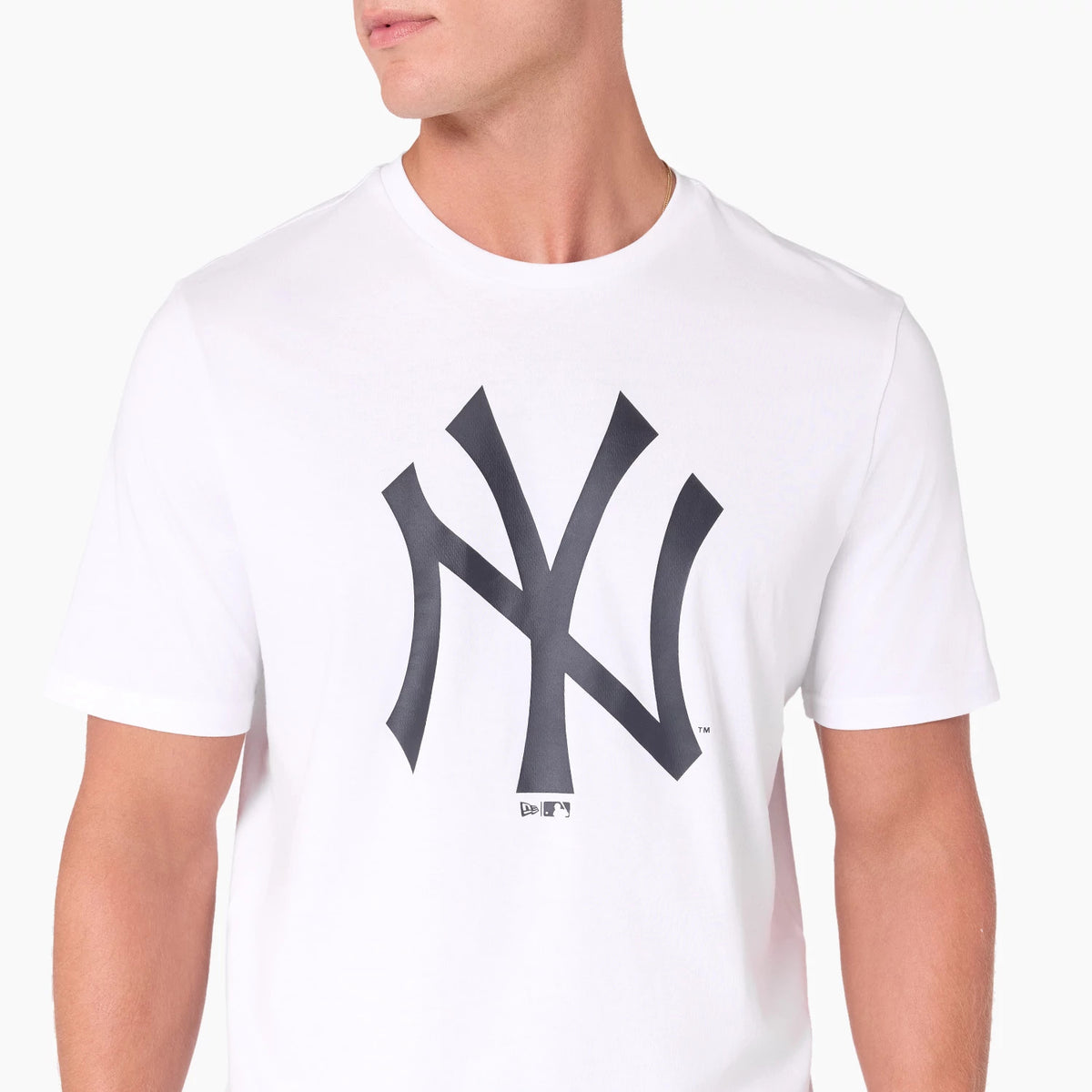 New Era New York Yankees MLB White T-Shirt, front view showing a large black NY logo printed in the centre of the chest on a plain white background, with a crew neckline and short sleeves.
