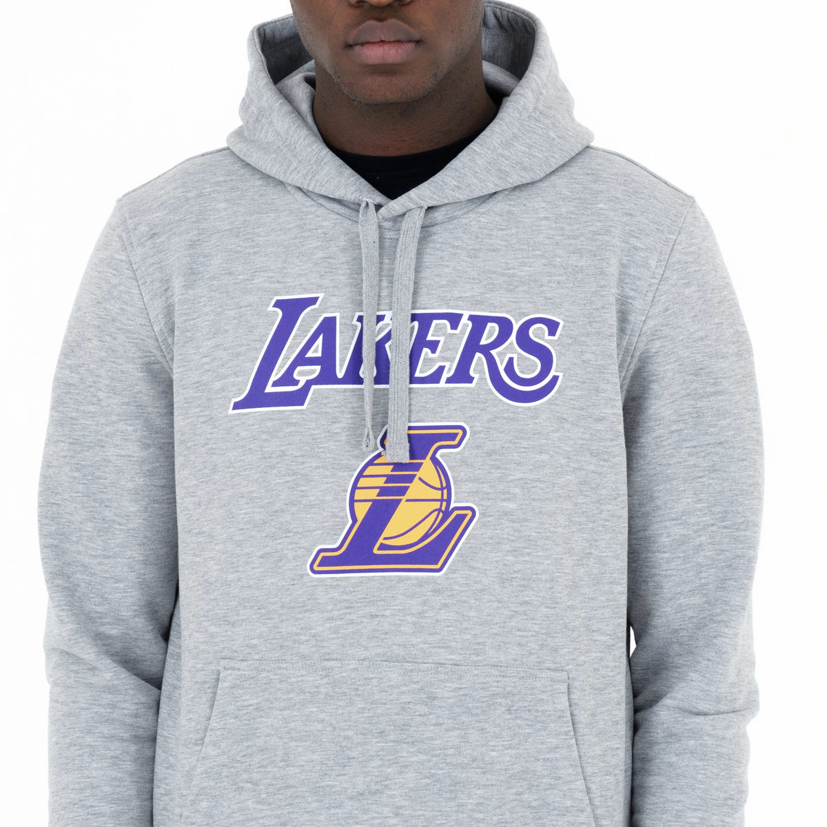 LA Lakers NBA Regular Grey Pullover Hoodie, front view showing the grey fabric with a printed Lakers logo in purple and gold on the chest, a kangaroo pocket at the base and a hood with drawstrings attached to the top.