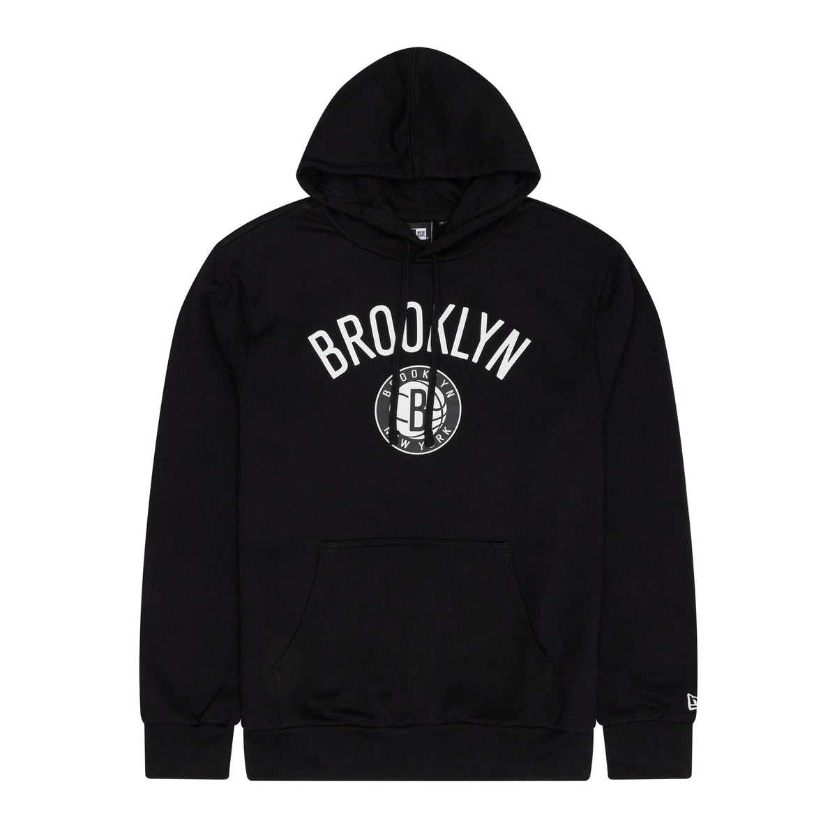 Brooklyn Nets NBA Regular Black Pullover Hoodie, front view showing the black hoodie with "BROOKLYN" lettering and Brooklyn Nets logo on the chest, a large front pocket, and a raised New Era logo on the left sleeve cuff.