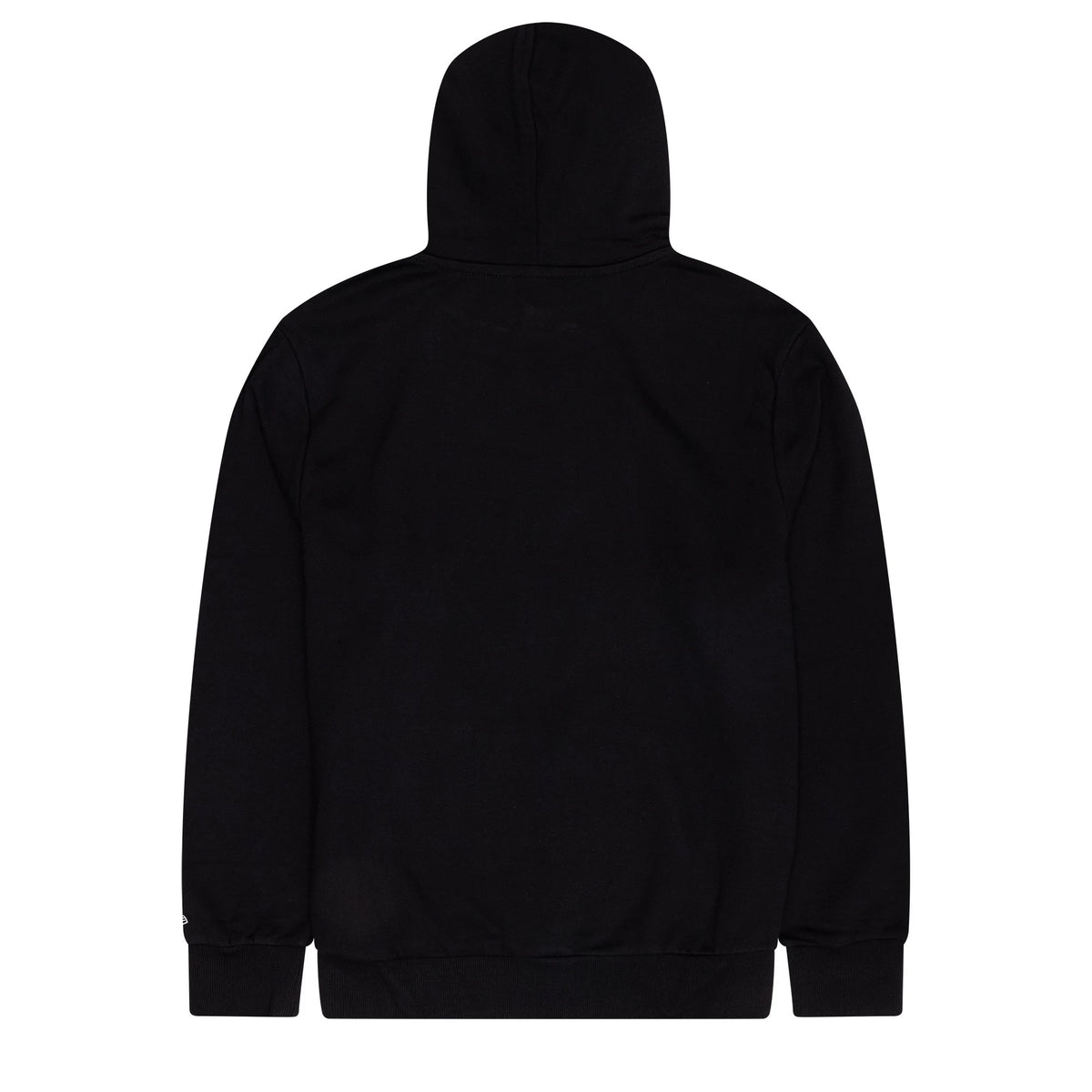 Brooklyn Nets NBA Regular Black Pullover Hoodie, rear view showing the plain black hood and back with a small raised New Era logo on the left cuff, a comfortable fit with ribbed hem and cuffs.