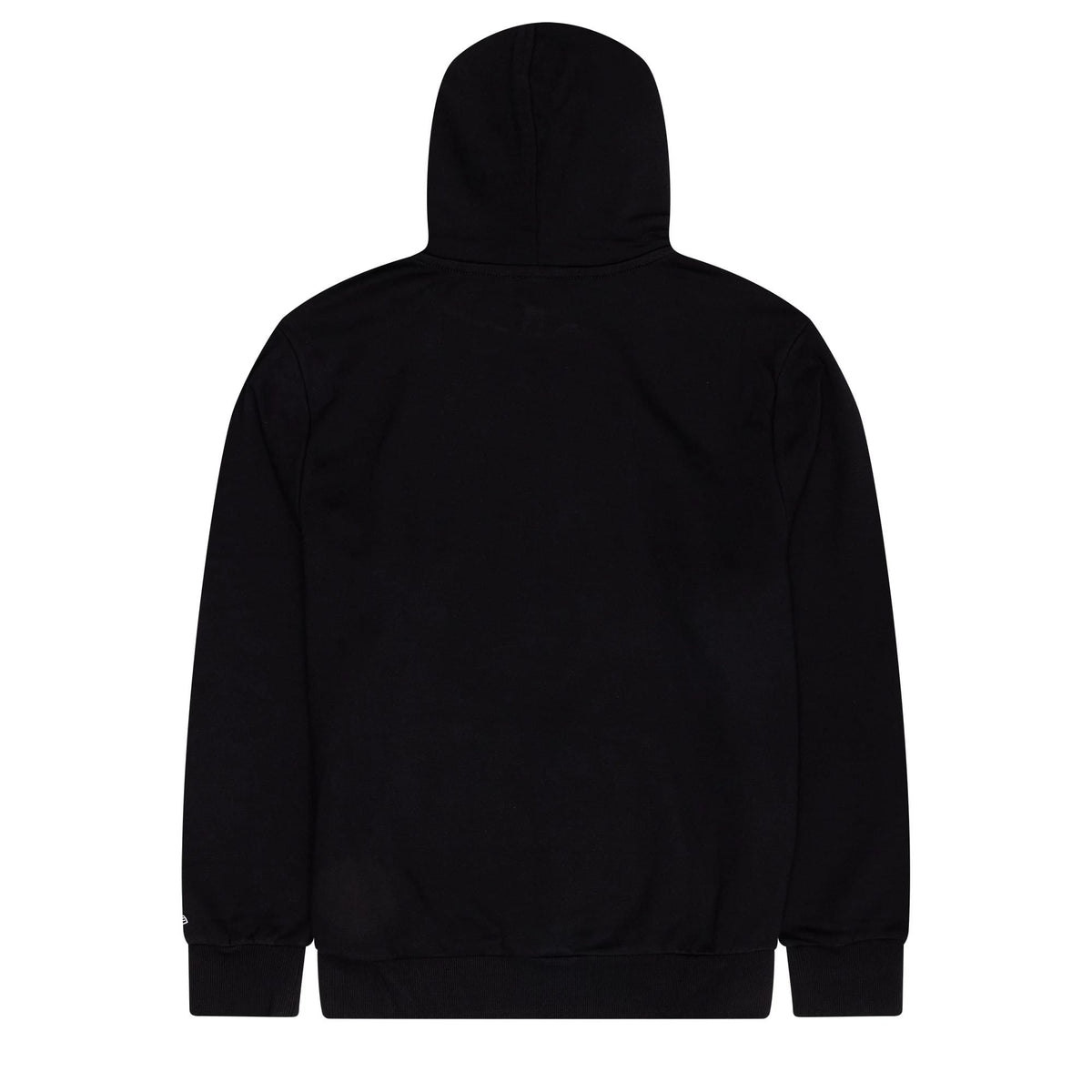 Brooklyn Nets NBA Regular Black Pullover Hoodie, rear view showing the plain black hood and back with a small raised New Era logo on the left cuff, a comfortable fit with ribbed hem and cuffs.