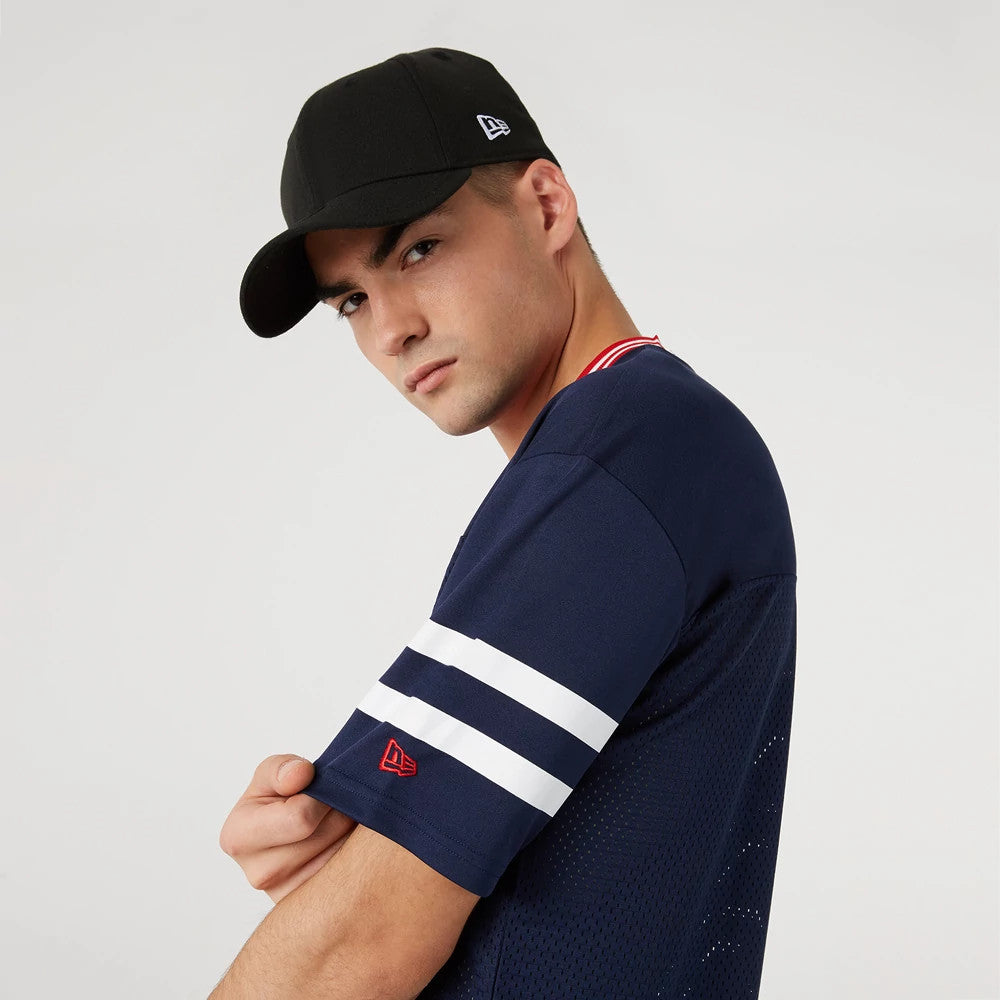 The Male model is wearing New England Patriots NFL Dark Blue Mesh T-Shirt 4
