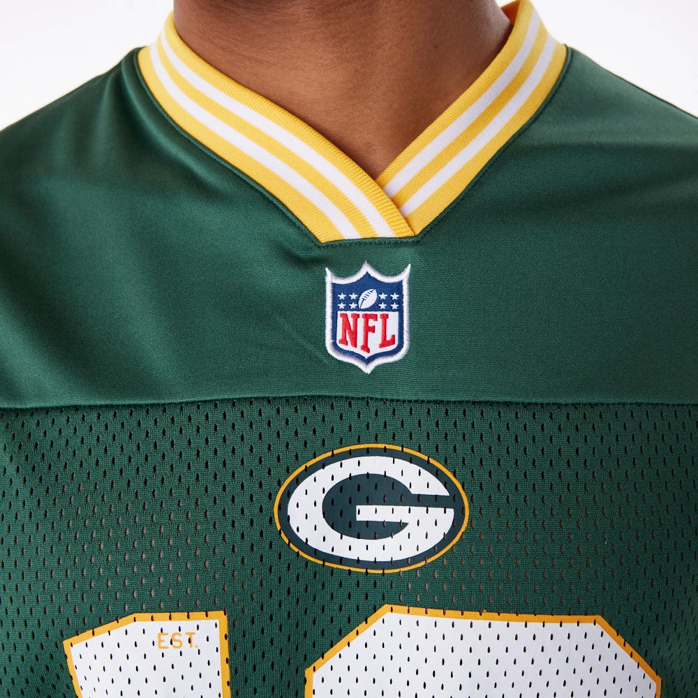 Green Bay Packers NFL Dark Green Mesh T-Shirt, front view showing the embroidered NFL logo below the yellow and white striped V-neck collar and a large Green Bay Packers emblem centred on the chest.