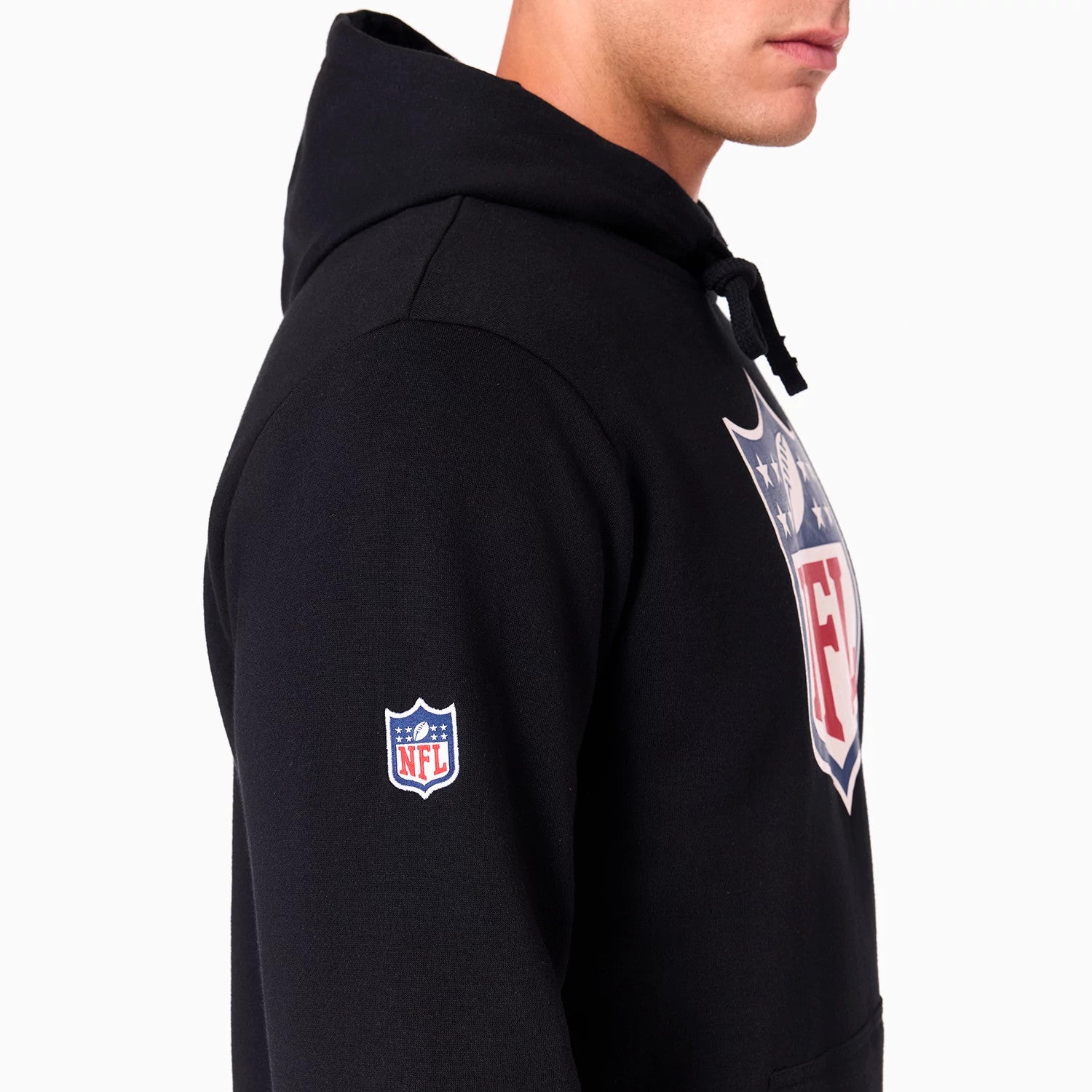 The Male model is wearing NFL Shield Logo NFL Black Pullover Hoodie 4