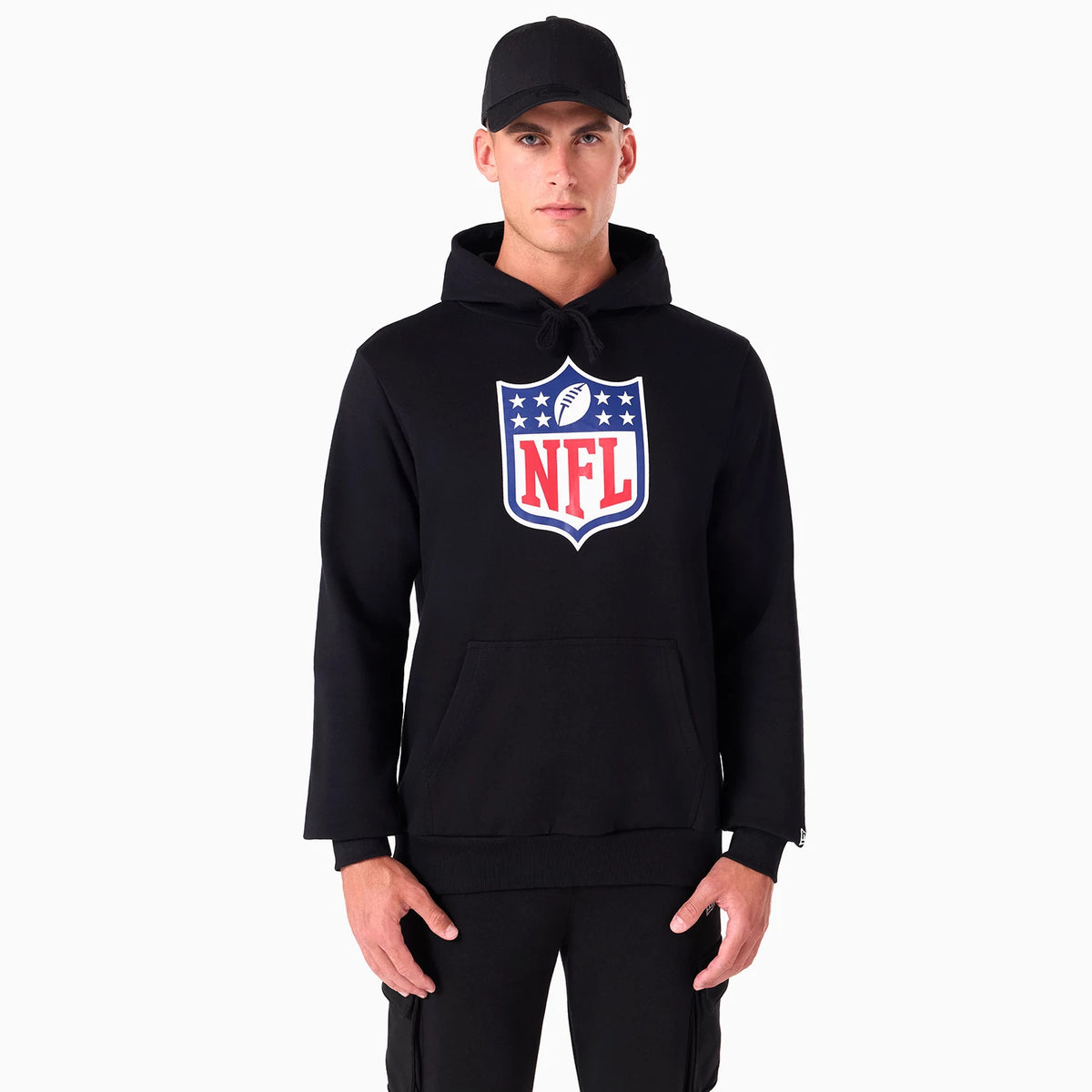 NFL Shield Logo NFL Black Pullover Hoodie, front view featuring a large printed NFL Shield logo in red, white, and blue on the chest, adjustable drawstring on the hood, and a kangaroo pocket on the front.