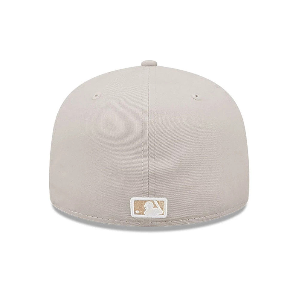 New York Yankees League Essential Stone New Era 59FIFTY Fitted Cap, rear view showing the white and stone MLB Batterman logo centred on the back panel beneath the top button on the stone coloured crown.