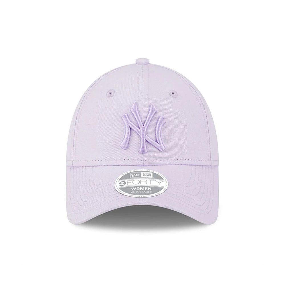 New York Yankees Womens League Essential Lilac New Era 9FORTY Adjustable Cap, front view showing the raised embroidered NY logo in lilac on the front panel and the silver 9FORTY size sticker centred on the visor.