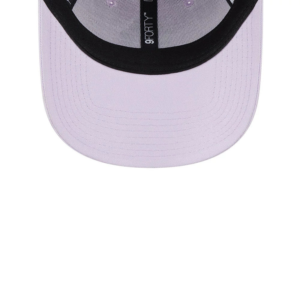 New York Yankees Womens League Essential Lilac New Era 9FORTY Adjustable Cap, inside view showing the black sweatband with white 9FORTY branding, black taping, and a lilac undervisor.