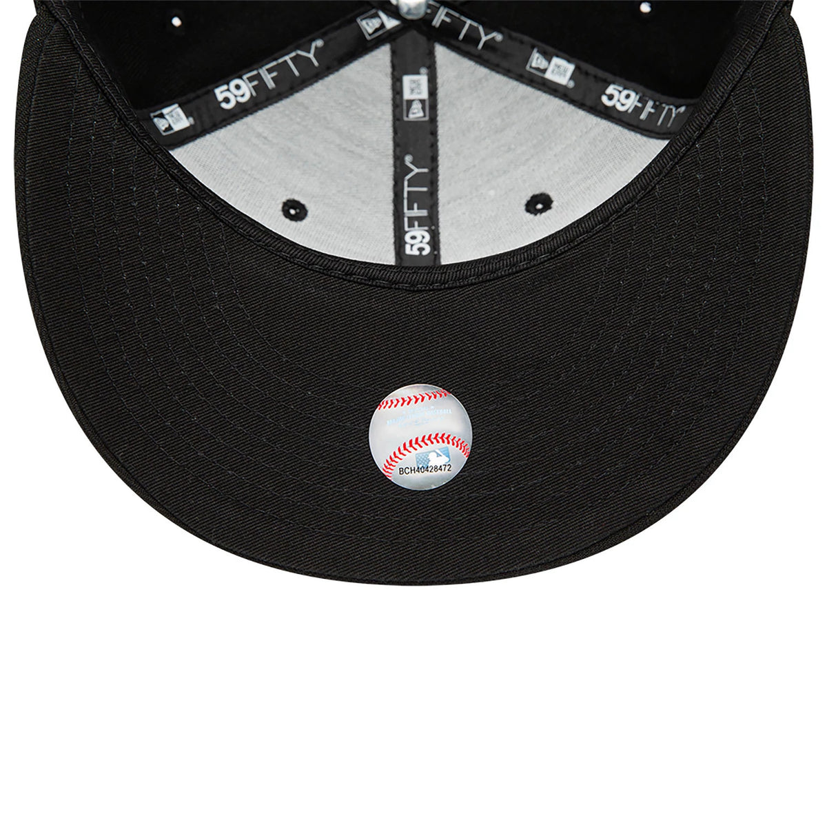 Detroit Tigers MLB Black on Black New Era 59FIFTY Fitted Cap, inside view showing black 59FIFTY taping, grey sweatband, black undervisor, and a round baseball badge on the underside of the visor.