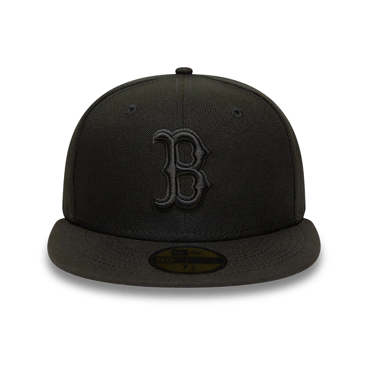 MLB Black On Black Boston Red Sox New Era 59FIFTY Fitted Cap, front view showing raised black embroidered B logo on the front panel and gold 59FIFTY size sticker on the black visor.