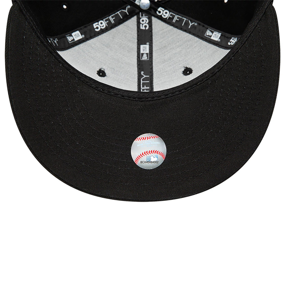 MLB Black On Black Boston Red Sox New Era 59FIFTY Fitted Cap, inside view showing the grey sweatband with black 59FIFTY taping, and a size sticker on the underside of the black visor.