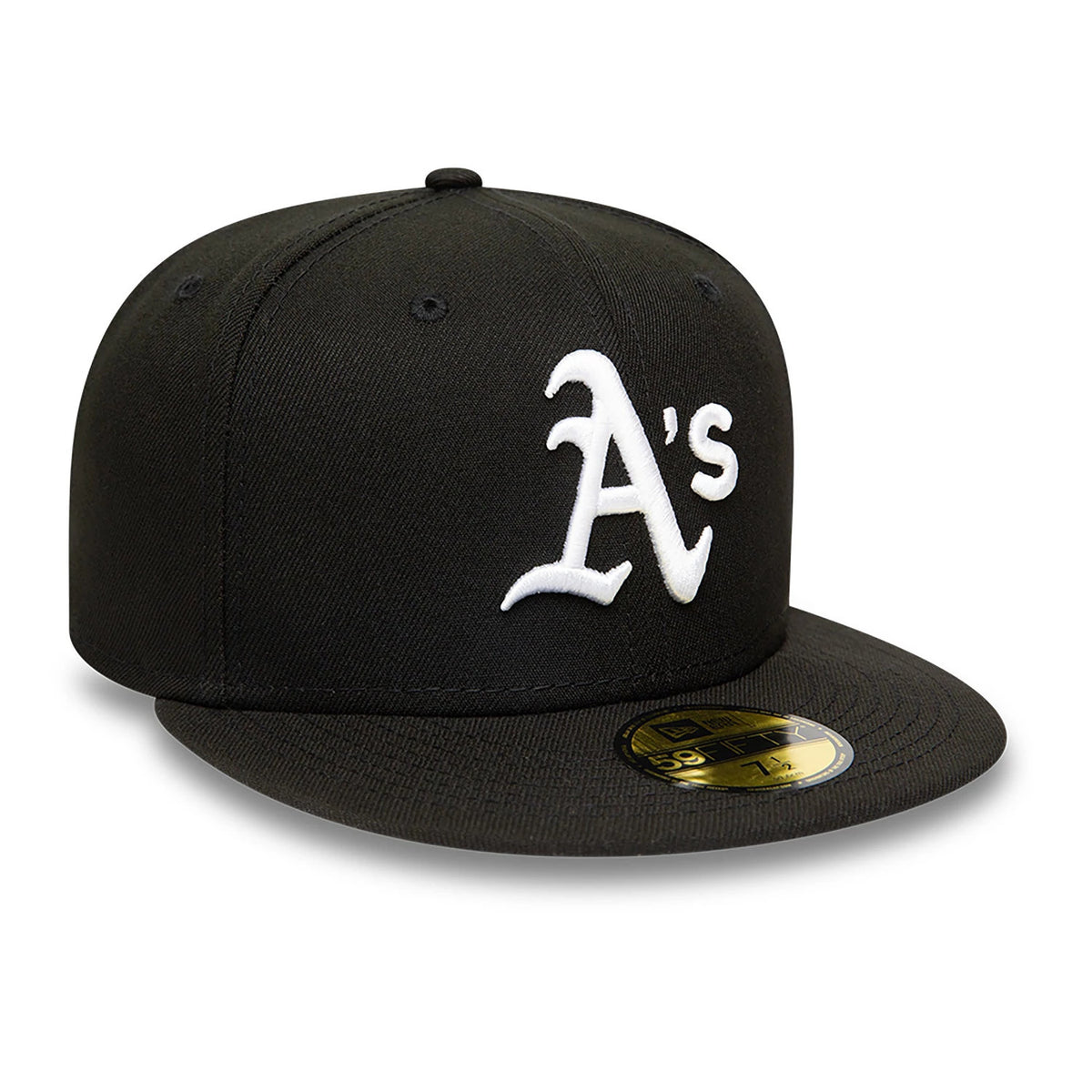 Athletics MLB Black and White New Era 59FIFTY Fitted Cap, three-quarter view showing the white raised embroidered A's logo on the front panel, with black visor and gold 59FIFTY size sticker.