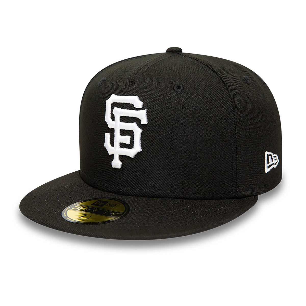 San Francisco Giants MLB Black and White New Era 59FIFTY Fitted Cap, three-quarter view with raised white SF logo on the front panel, black flat visor with gold 59FIFTY size sticker, and New Era flag logo on the left side.