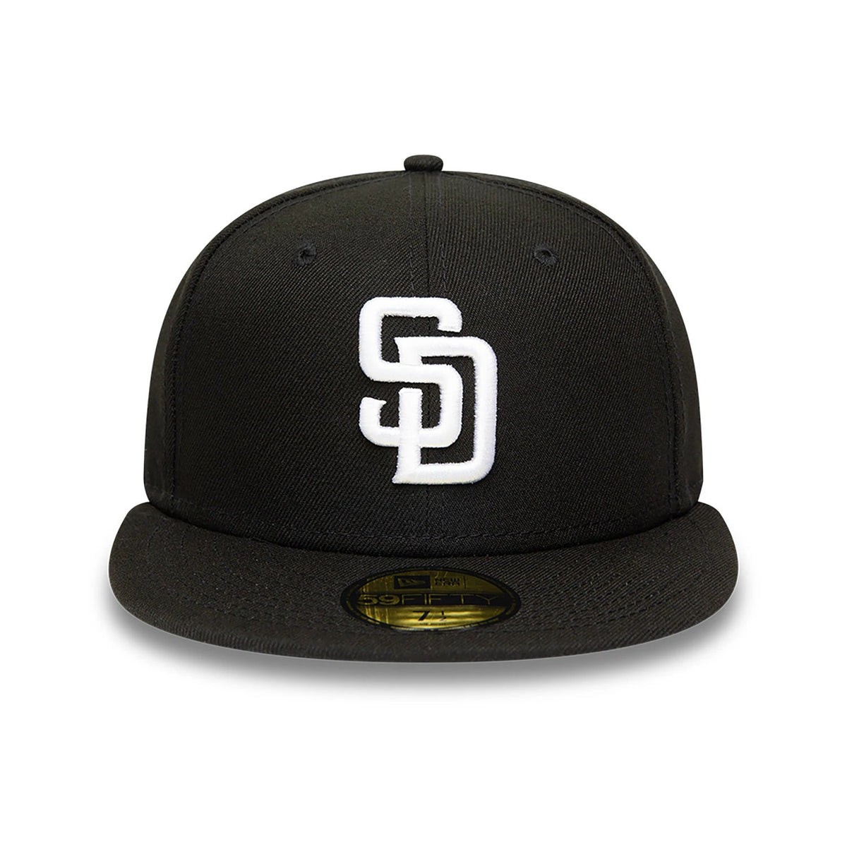 San Diego Padres MLB Black and White New Era 59FIFTY Fitted Cap, front view showing raised white SD logo embroidered on the black front panel, with a gold 59FIFTY size sticker on the flat black visor.