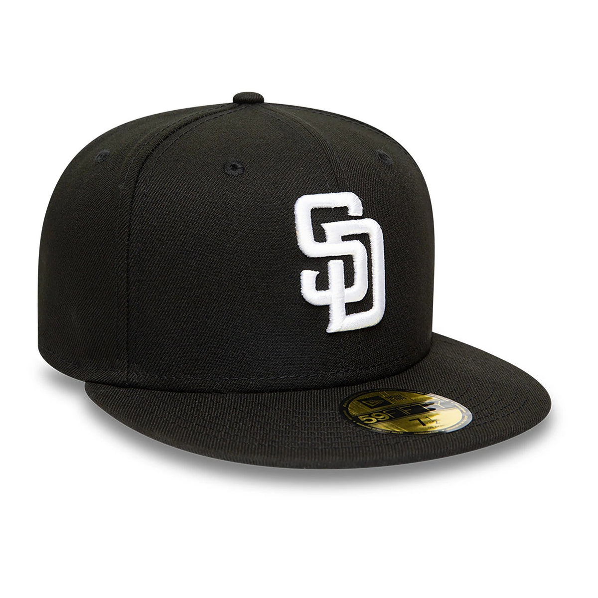 San Diego Padres MLB Black and White New Era 59FIFTY Fitted Cap, three-quarter view showing the white raised embroidered SD logo on the front panel with a gold 59FIFTY size sticker on the flat black visor.