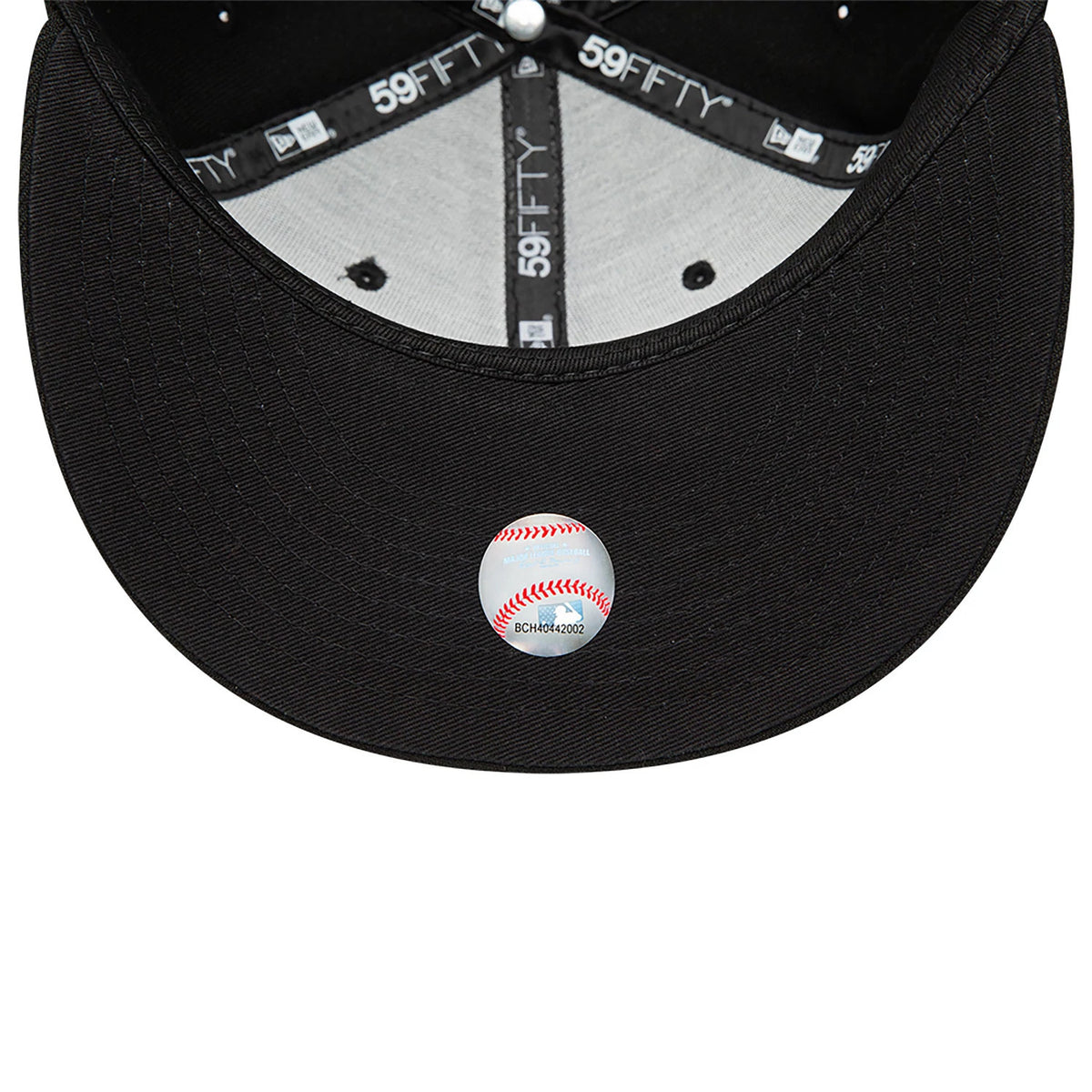 San Diego Padres MLB Black and White New Era 59FIFTY Fitted Cap, inside view showing the black sweatband and taping with 59FIFTY branding, a baseball graphic on the underside of the black visor, and the top button.