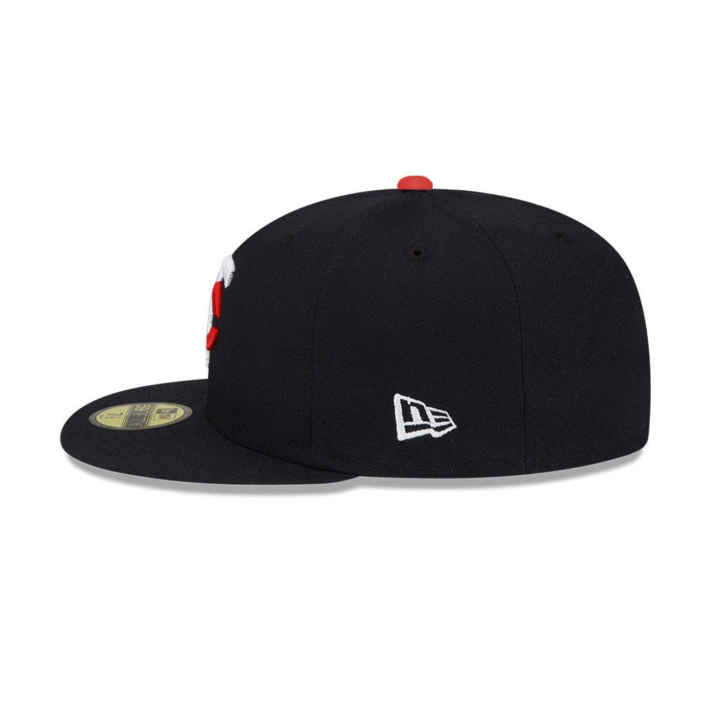 Minnesota Twins MLB Authentic On Field Navy New Era 59FIFTY Fitted Cap, side view showing the embroidered white New Era flag logo on the left side, with a red top button and a gold 59FIFTY size sticker on the visor.