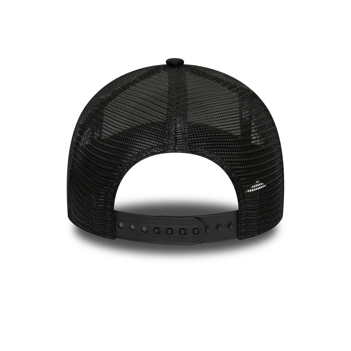 New Era Youth Black Oval Trucker Cap, rear view showing the mesh back panels with an adjustable black snap closure, highlighting the structured design and curved shape of the crown.