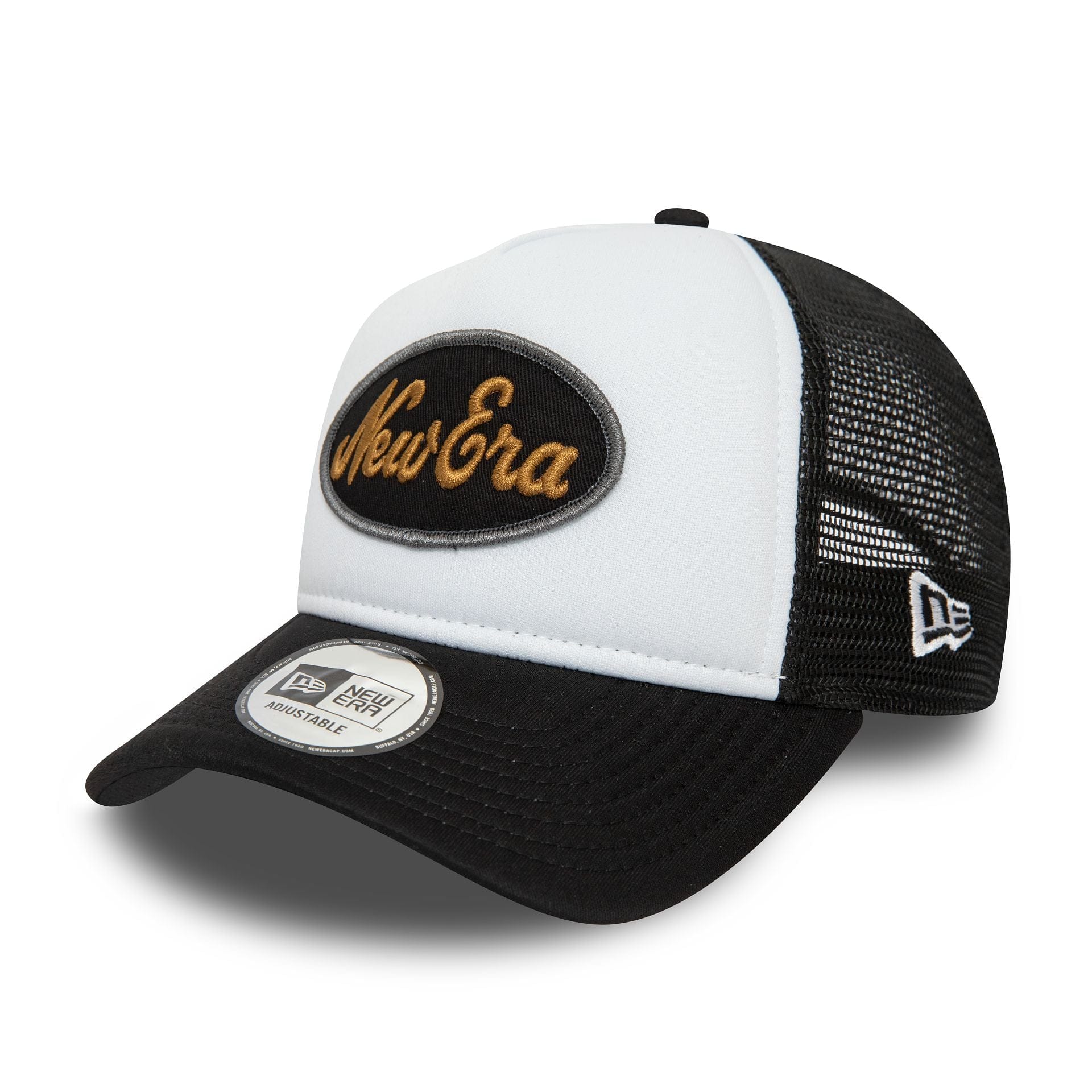 This is a New Era Youth Black Oval Trucker Cap 1