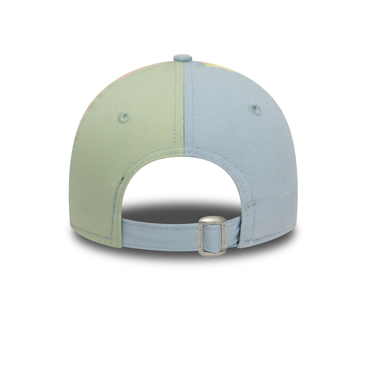New York Yankees MLB Block Pink New Era 9FORTY Adjustable Cap, rear view showing a pastel multicoloured panel design with an adjustable blue strap and metal buckle closure, featuring a blue top button and matching eyelets.