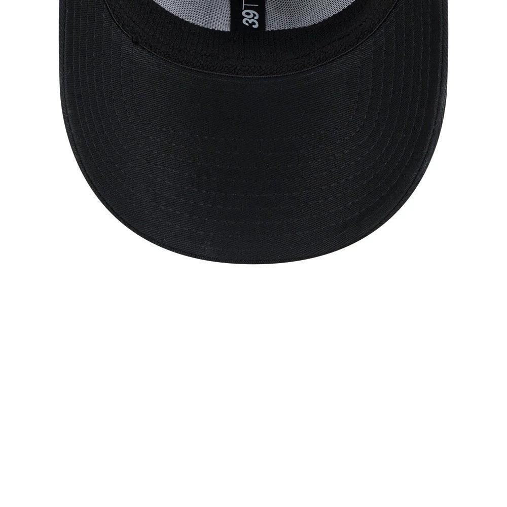 Detroit Tigers MLB Evergreen Neo Black New Era 39THIRTY Stretch Fit Cap, inside view showing the black sweatband, grey taping with black 39THIRTY label, and the black underside of the visor.