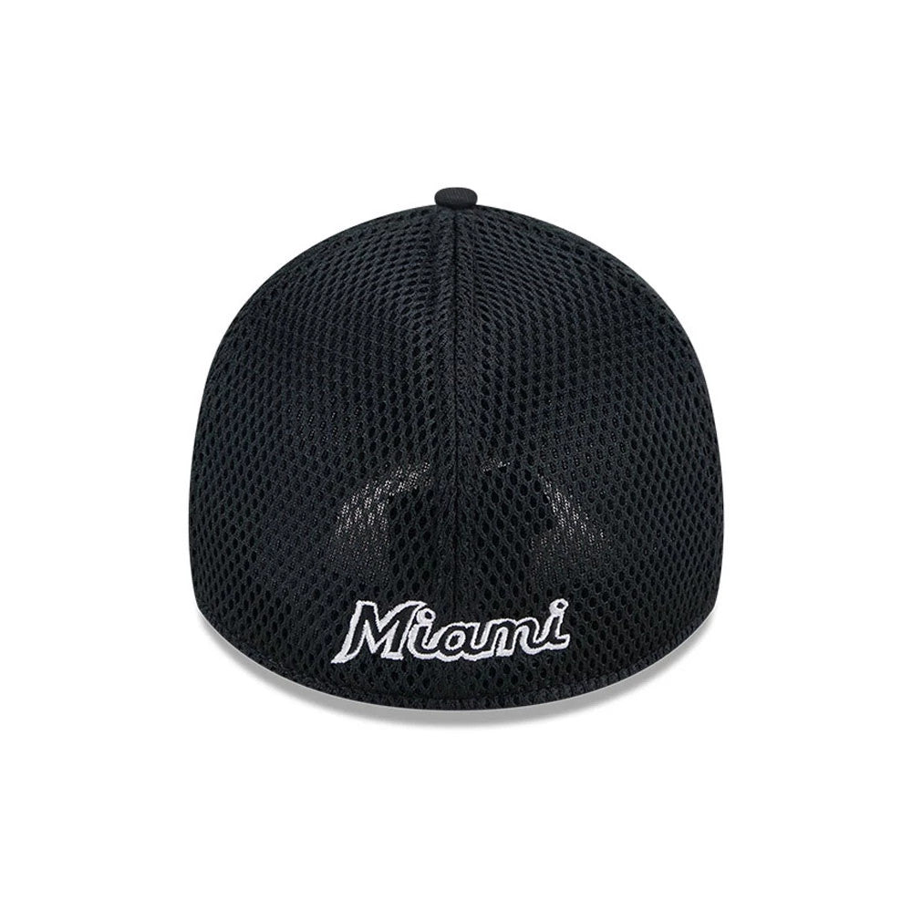 Miami Marlins MLB Evergreen Neo Black New Era 39THIRTY Stretch Fit Cap, rear view showing white embroidered Miami lettering across the lower edge of the black mesh back panels, with a central top button accentuating the cap's structured shape.