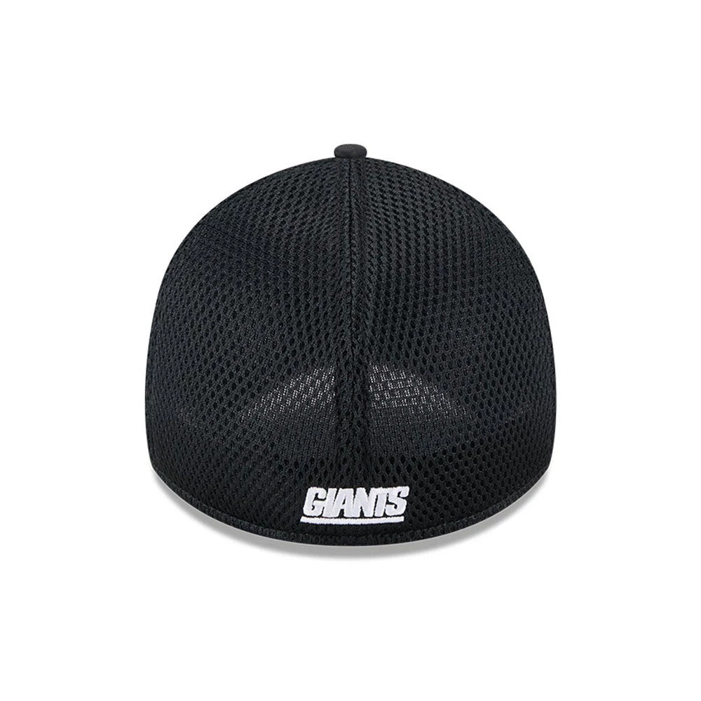 New York Giants NFL Evergreen Neo Black New Era 39THIRTY Stretch Fit Cap, rear view showing the white embroidered Giants lettering centred on the textured black mesh back panels, featuring a black top button.