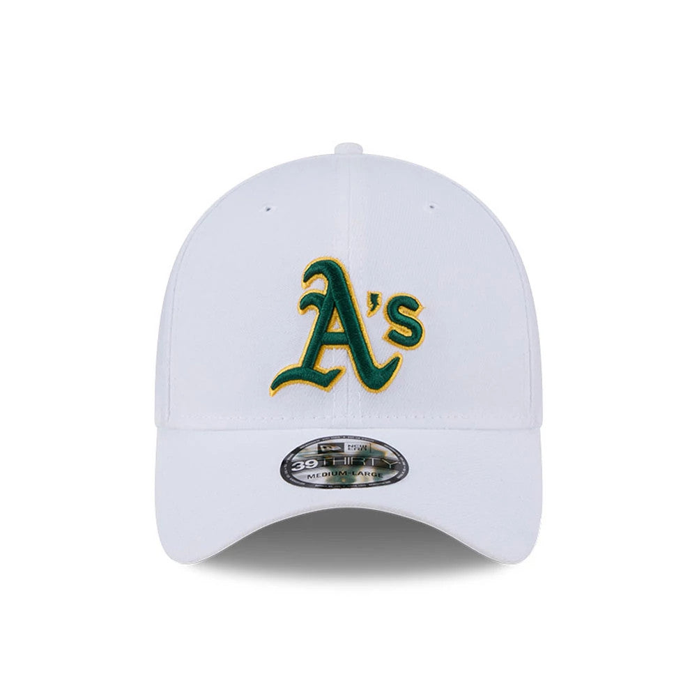 Athletics MLB Evergreen White New Era 39THIRTY Stretch Fit Cap, front view showing the green and gold embroidered A's logo on the front panel, with a curved visor and silver 39THIRTY size sticker.