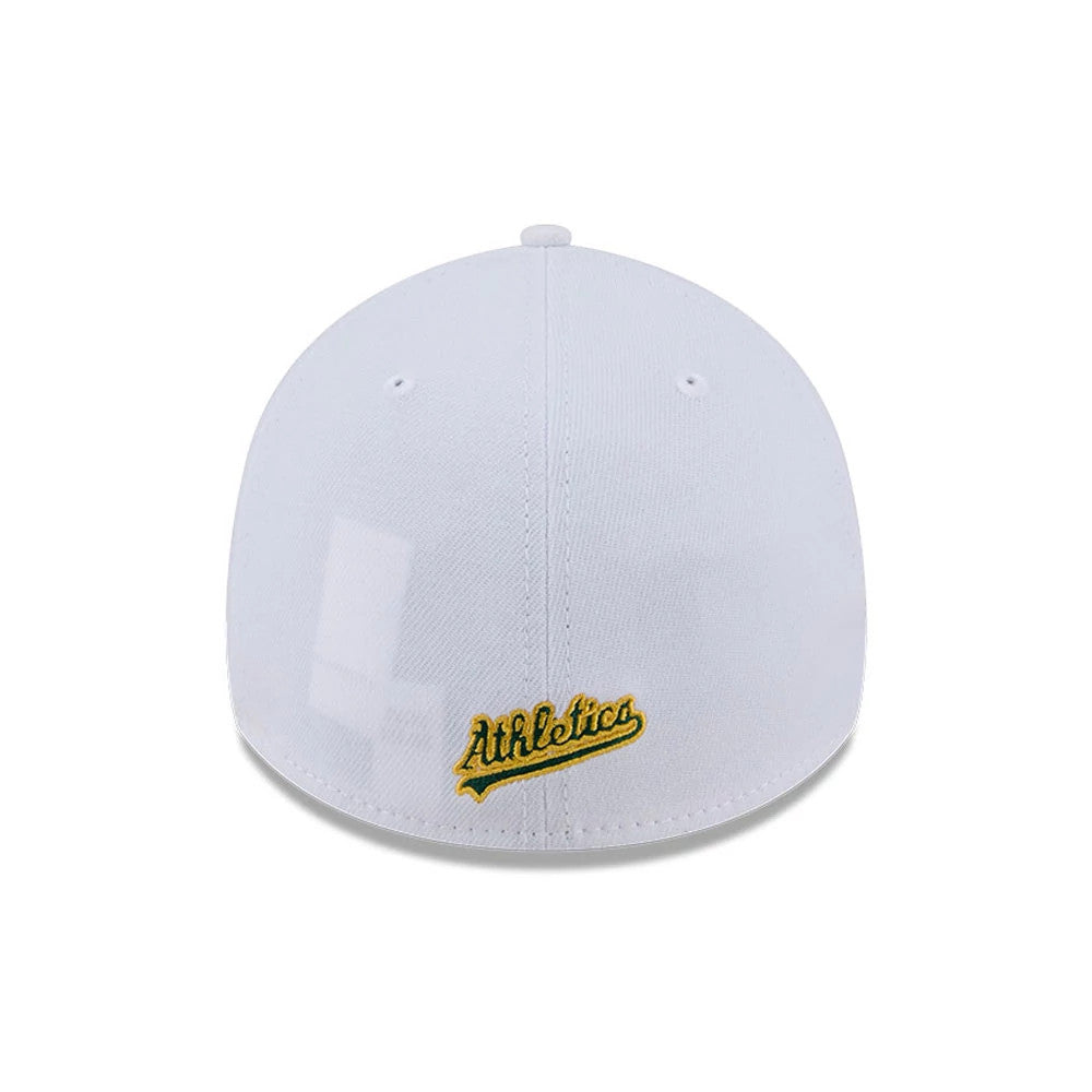Athletics MLB Evergreen White New Era 39THIRTY Stretch Fit Cap, rear view showing the yellow Athletics wordmark logo embroidered at the centre of the back panels, enhanced by the white structured crown and matching top button.
