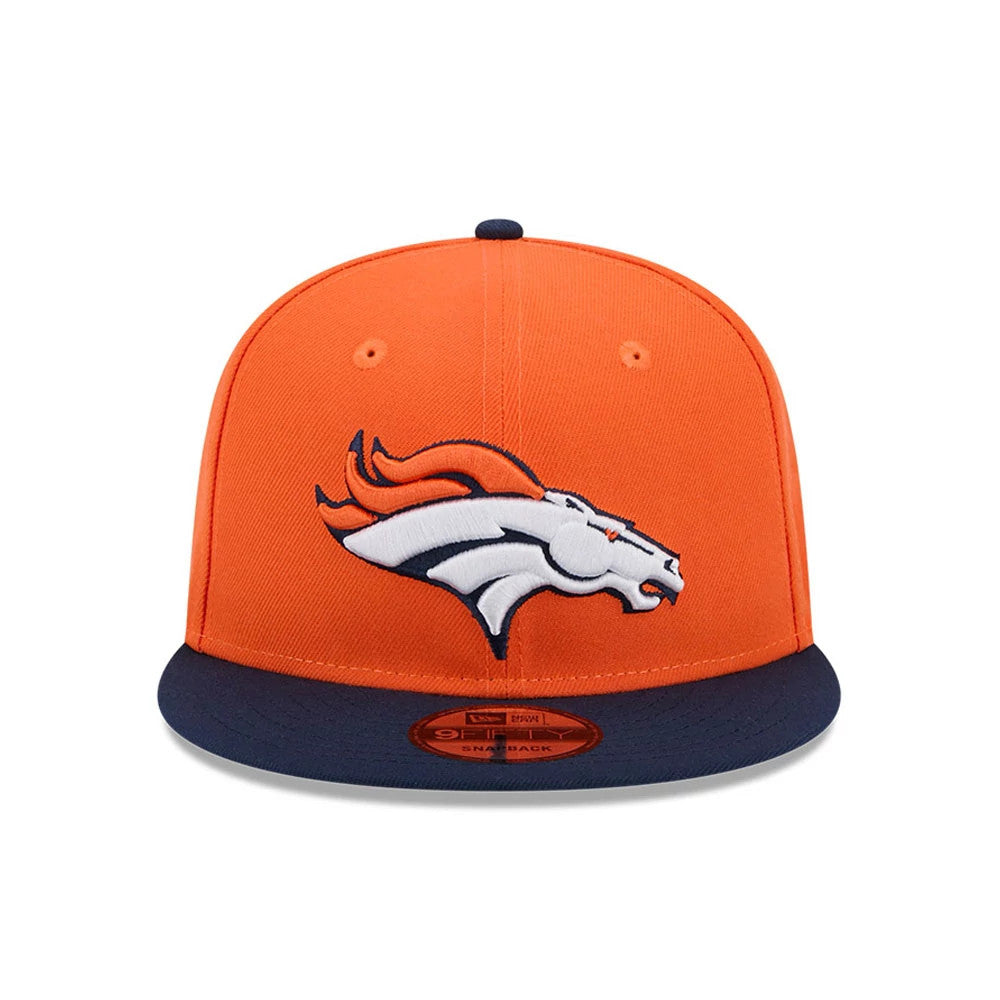 Denver Broncos NFL Evergreen Orange New Era 9FIFTY Snapback Adjustable Cap, front view showing the raised embroidered white and orange Broncos logo on the orange crown with a contrasting dark visor and a 9FIFTY size sticker.