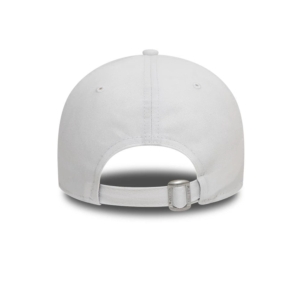 LA Dodgers League Essential White New Era 9FORTY Adjustable Cap, rear view showing an open back design with a white strap and silver buckle for fit adjustment, featuring a smooth white crown and matching top button.