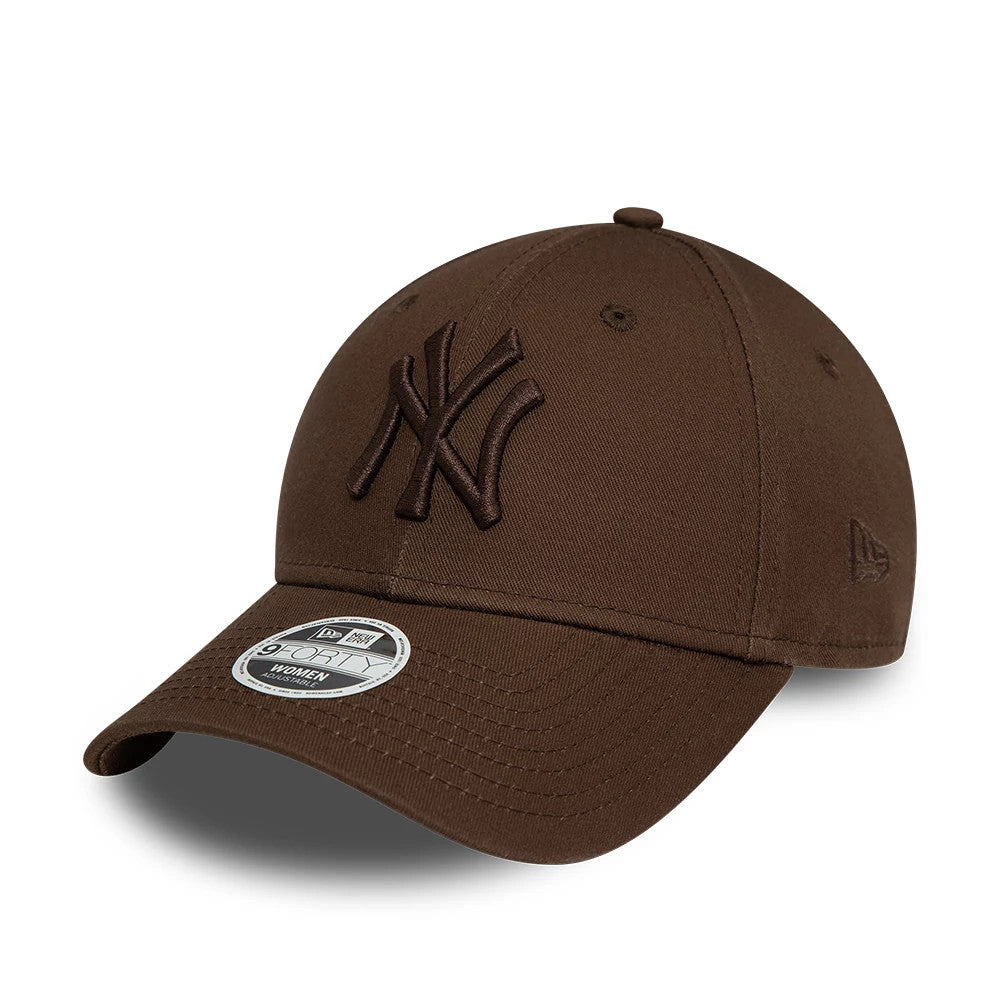 New York Yankees Womens League Essential Dark Brown New Era 9FORTY Adjustable Cap, three-quarter view showing raised dark brown NY logo embroidery on the front panel, curved visor with 9FORTY size sticker, and the New Era flag logo on the left side.